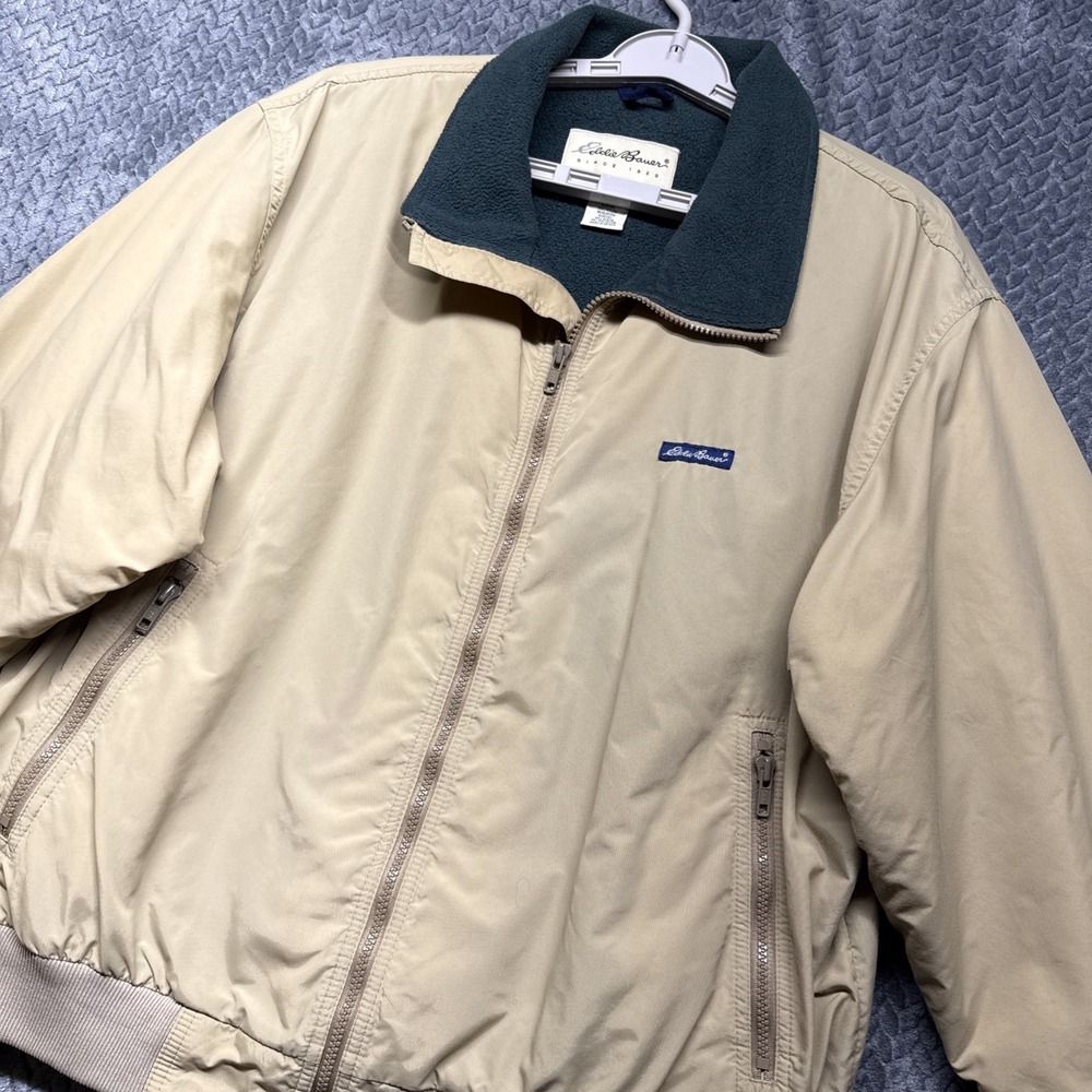 Vintage Eddie Bauer Bomber Jacket Men's L Beige Nylon Polartec Fleece Lined‎ Zip